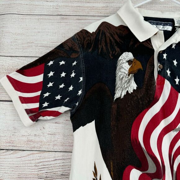 Vintage Royal Air AOP American Flag Bald Eagle Print Polo Shirt Men's L White‎ - Picture 4 of 11